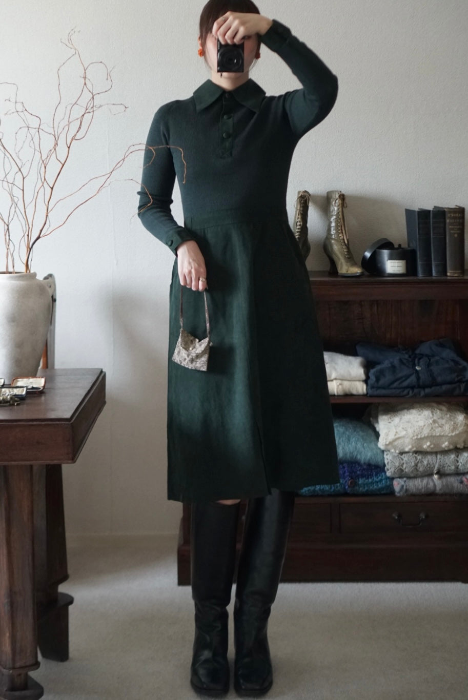 1970's Rib Knit×Suede Dress