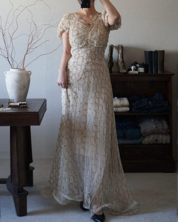 1920’s White×Gold Embroidered Net Maxi Dress
