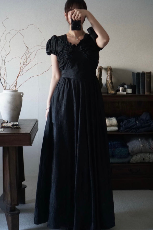 1930's Black Fuzzy Floral Ruching Short Puff Sleeves Maxi Dress